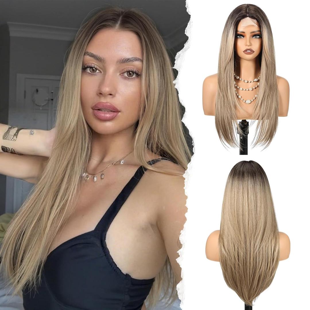 HAIRCUBE Long Straight Wig for Women, Heat Resistant Synthetic Hair with Bangs, Natural Looking Pre-Cut Lace Front Wig, Soft & Lightweight for Daily Use, Cosplay, Parties (Ash Brown)