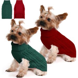 Lorehelina 2 Pack Dog Sweaters for Small Dogs Winter Turtleneck Pullover Cable Knit Fleece Stretch Puppy Doggie Chihuahua Toy Poodle Yorkie Pomeranian Boy Girl Pet Clothes (S, Red & Green)