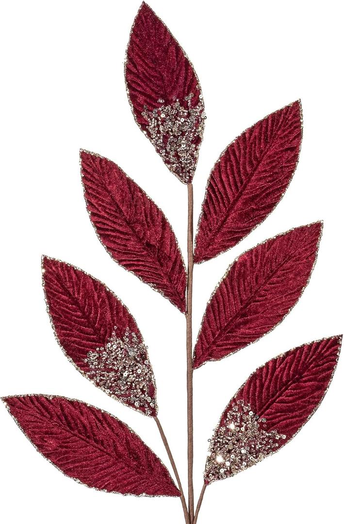 KI Store Burgundy Christmas Picks Spray Set of 6 Christmas Leaf Floral Stem for Christmas Tree Decoration Bouquet Tree Topper Flower Arrangement Decor
