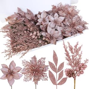 Winlyn 35 Pcs Christmas Artificial Poinsettia Flowers Picks and Artificial Leaves Sprays Rose Gold Glitter Christmas Floral Picks for Rose Gold Christmas Tree Wedding Holiday Decor Centerpiece Wreath