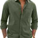 Alimens & Gentle Mens Cotton Linen Textured Shirt Long Sleeve Button Down Shirts Casual Summer Beach Wedding Tops with Pocket (Green, L)