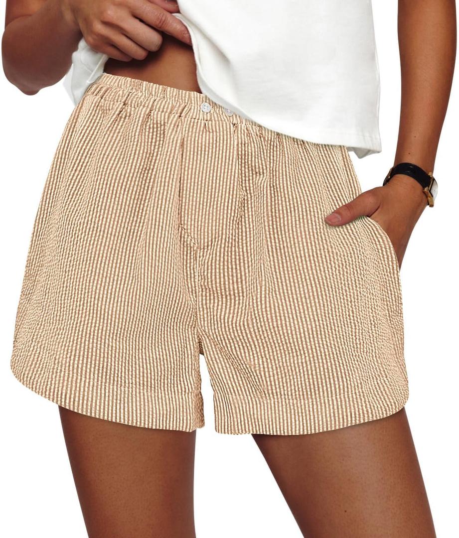 PRETTYGARDEN Women's Striped Boxer Shorts Summer 2025 Trendy Casual Elastic Waist Lounge Sleep Pajama Bottoms Beach Shorts (Striped Khaki White)