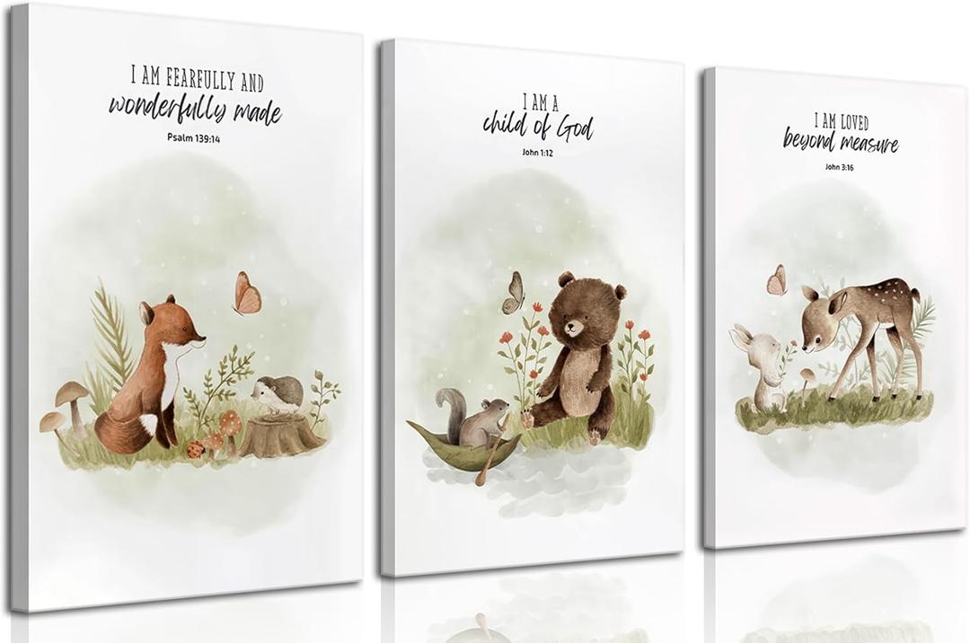 3Pcs Christian Nursery Animal Canvas Wall Art Bible Verse Wall Decor Pictures Religious Watercolor Cute Baby Animals Posters Prints for Kids Boys Girls Room Home Decoration 16x24in