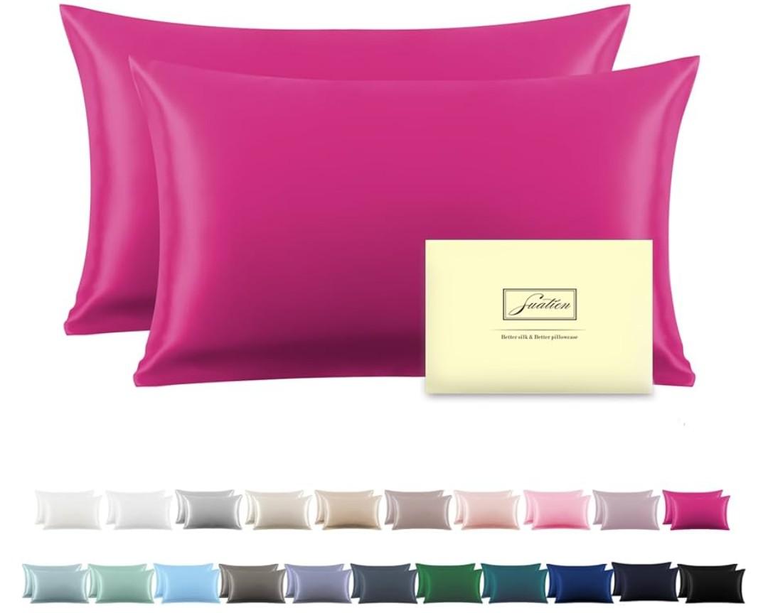 Silk Pillow Cases 2 Pack Soft Breathable and Sliky Queen Size Pillow Cases Set of 2,Natural Mulberry Satin Silk Pillowcase with Hidden Zipper for Hair and Skin (Hot Pink-2 Pack,20"X 30",2pcs) 