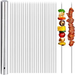 100 Pack 15.2" Kabob Skewers, Metal Skewers for Grilling, Stick BBQ Barbecue Skewer, Reusable Grilling Skewers Set with Portable Storage Tube for Commercial and Home Use