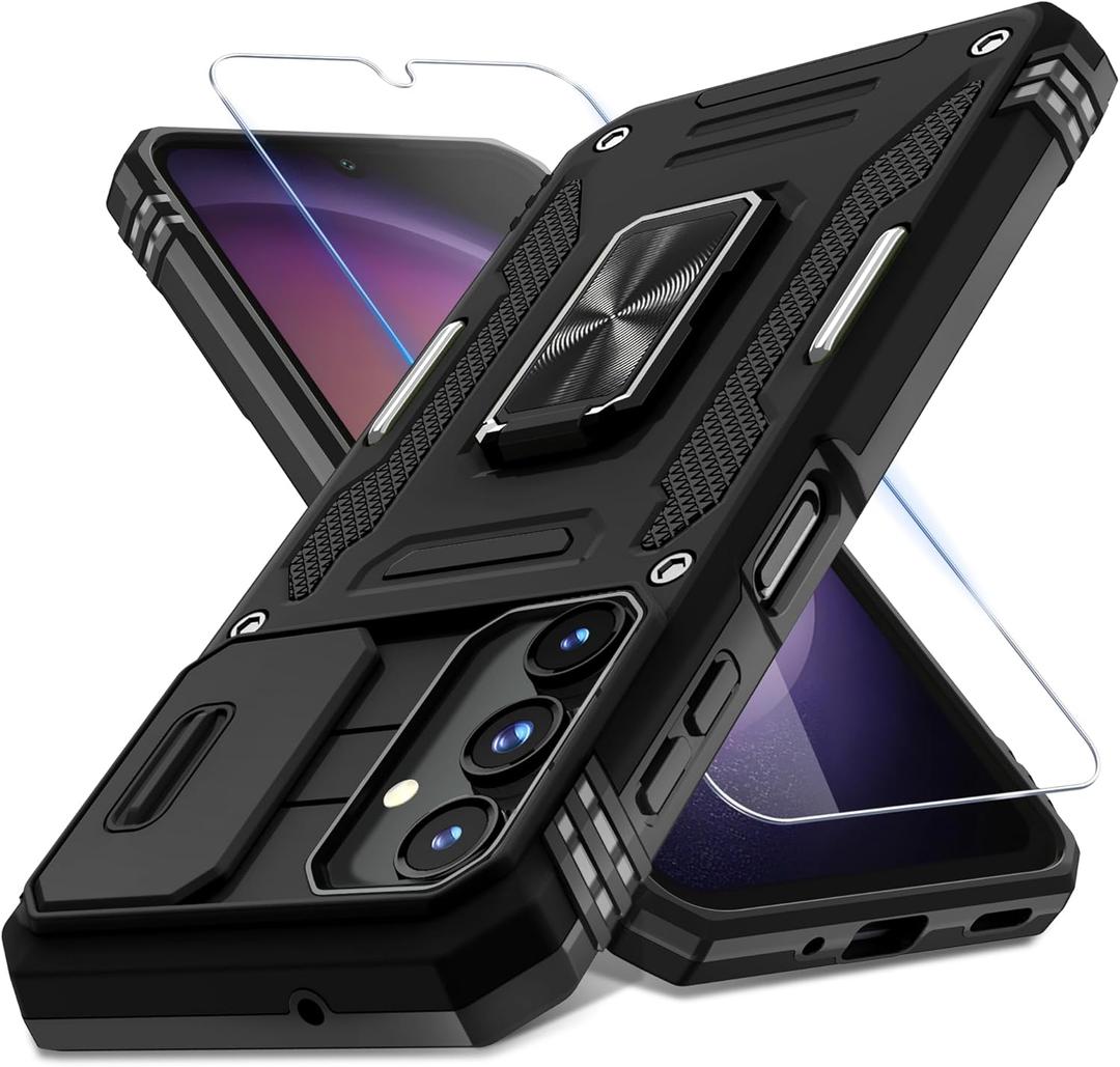 DEERLAMN Case for Samsung Galaxy A16 5G with Slide Camera Cover+Screen Protector (1 Pack), Rotated Ring Kickstand Military Grade Shockproof Protective Cover-Black