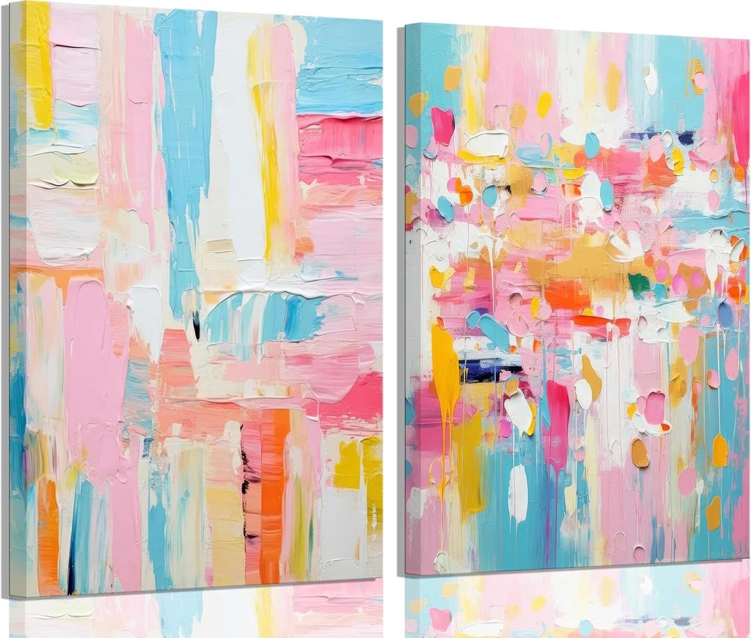 2Pcs Framed colorful abstract Wall Art College style girl art posters prints Modern Pastel texture Pictures Paintings Wall Decor for Girly Dorm Bedroom Living Room Decoration (16x24 Canva)