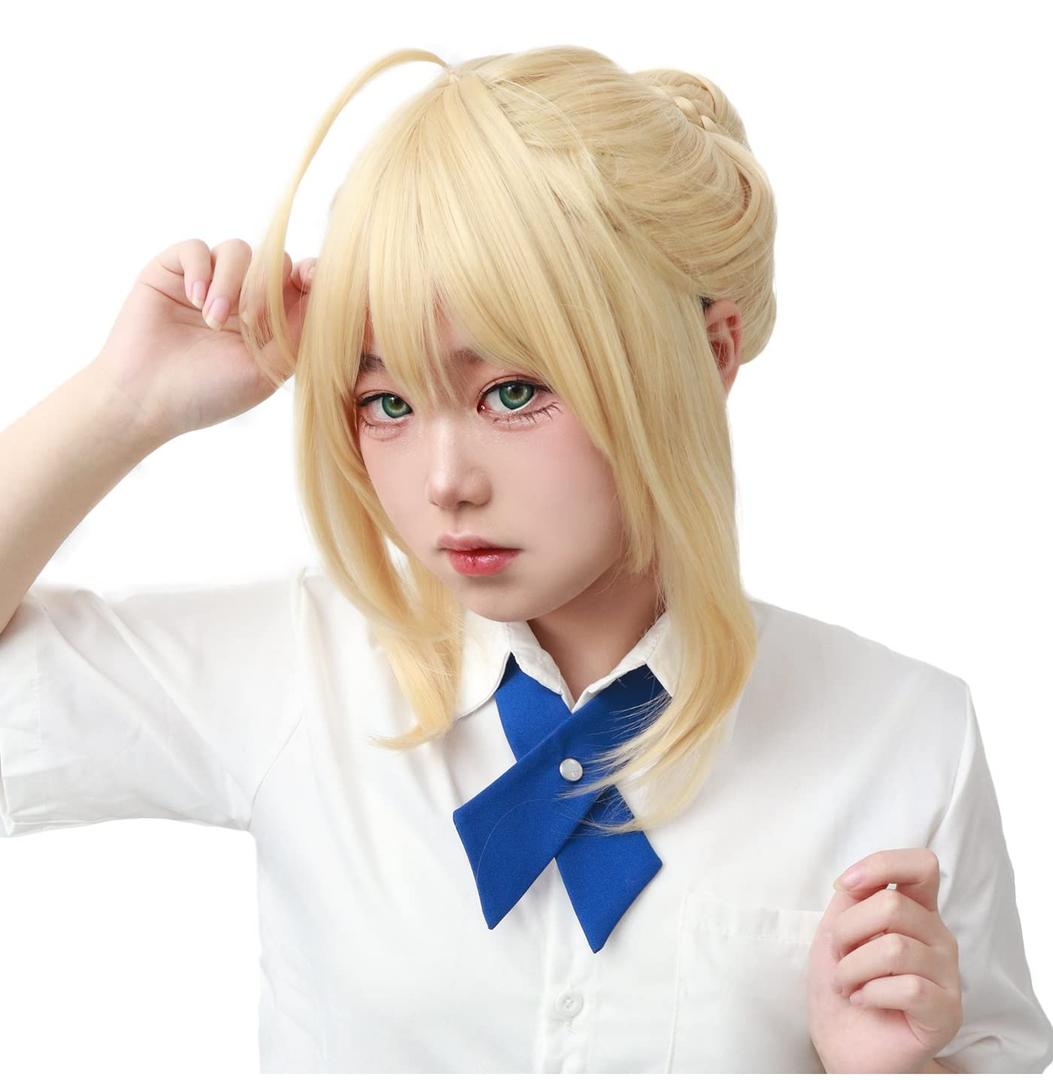 C-ZOFEK Fate/ stay night Saber Arturia Pendragon Girls Golden Cosplay Wig with a Bun (Gold)