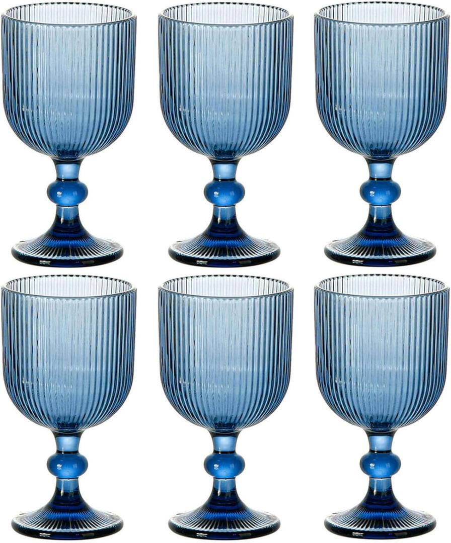 Blue Glasses Drinking Water Goblets set of 6 Vintage Glassware 13oz Colored Wine Glasses for Wedding Party Bar Vertical Line Embossed Pattern Stemmed Cups 