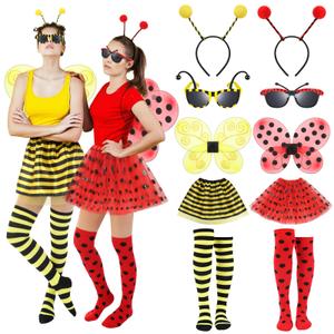 10 Pcs Halloween Bee and Ladybug Costume Set for Adults Include Tutu Skirt Wings Headband Glasses Knee High Socks for Women Bug Insect Party Halloween Cosplay Ladybug Bee Accessories, XS