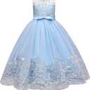 Flower Girl Lace Dress for Kids Wedding Bridesmaid Pageant Party Formal Long Gown Princess Communion Tulle Bow Dresses 9-10Y