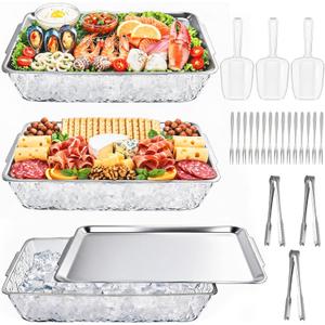 3 Set 16 x 9'' Chilled Serving Tray for Parties with Tong Scoop, Silver Cold Serving Trays with Compartment Cooling Party Platter for Fruit Seafood Vegetable Appetizer
