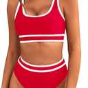 BMJL Women's High Waisted Bikini Sets Sporty Two Piece Swimsuits Color Block Cheeky High Cut Bathing Suits (Large, Red)