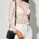 Women's Sheer Floral Long Sleeve Layering Top Ruffled Mock Neck Sheer Blouse for Casual Brunch Party Club Night Date Outfits (X-Large)