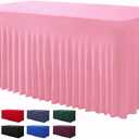 BDDC Table Skirt for 4 Foot Tables - One-Piece Pink Tablecloths and Skirt, Wrinkle Resistant Ruffles Elastic Cover for Banquets, Weddings, Events, Parties