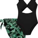 Girls One Piece Swimsuit Cut Out Ruffle Bathing Suit Twist V Neck Swimwear Solid Color with Cover Up Skirt 7-18T (Black, 13-14Y)