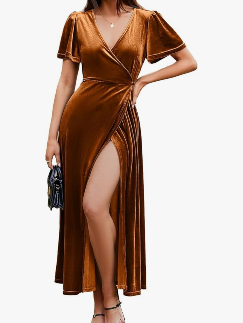 Simplee Women's Formal V Neck Wrap Short Sleeve Velvet Maxi Dress Elegant Bell Sleeve Slit Party Long Dresses, Size S