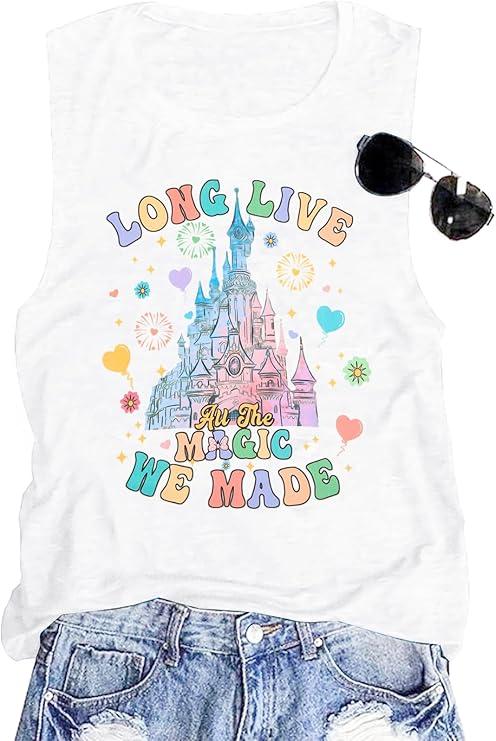 Magical Castle Tank Top Women: Magic Kingdom Shirts Cute Graphic Holiday Vest Summer Vacation Sleeveless Shirt, XX-Large, White