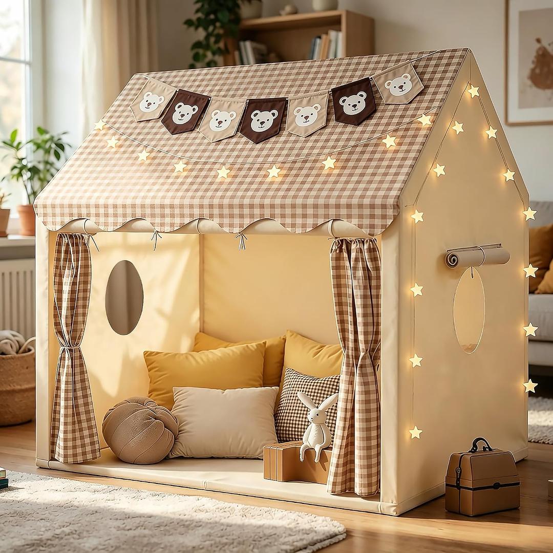 Kids Play Tent Indoor Outdoor Playhouse with Star Lights, Bunting Flags, Washable, Portable Carry Bag, Lattice Top, 47.2" x 39.3" x 52.2", Birthday Gift for Boys Girls
