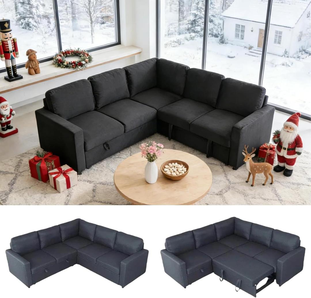 Sectional Sleeper Sofa with Pull Out Bed, L Shaped Pull Out Couch with Storage Chaise, 5 Seats Convertible Couch Bed for Apartment, Living Room,Incomplete,Box 1 of 2, Only Right Side Black