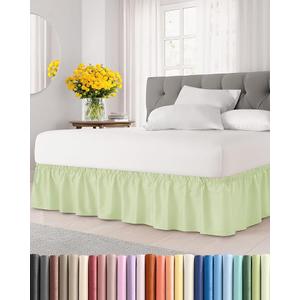 Wrap Around Dust Ruffle Bed Skirt - Light Sage Green - for Queen Size Beds w/ 21" Drop - Easy Fit Elastic Strap - Adjustable Pleated Bedskirt w/Brushed Fabric, Wrinkle Free - Women, Men, Kids & Teens