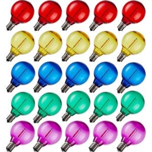 G40 Multicolor Led Outdoor String Light Bulbs,Shatterproof Waterproof, E12 Base Replacement Bulbs,Plastic 0.6W 120V 2700K 25 Pack.