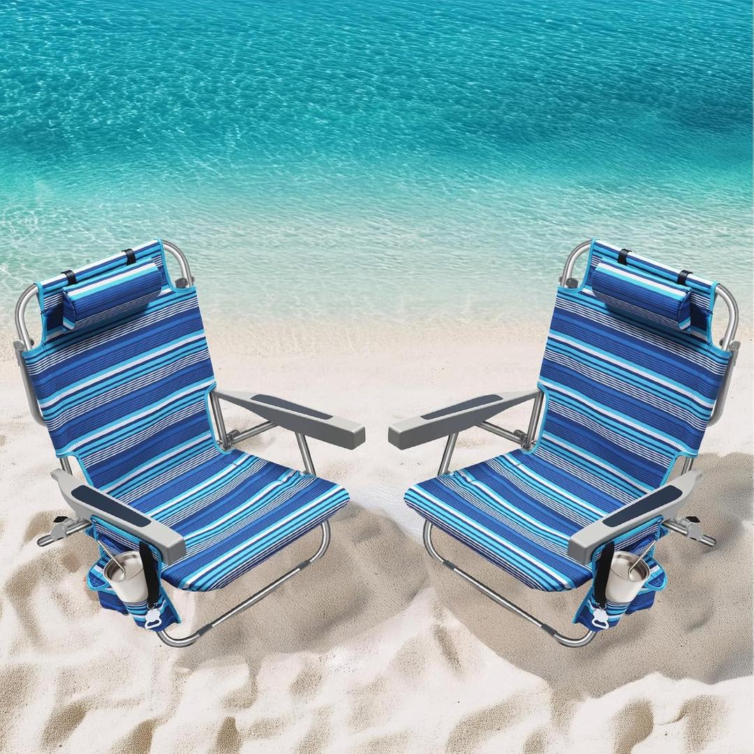 5-Position Aluminum Lay Flat Tall Backpack Beach Chairs 2 Pack, Compact Portable Beach Chairs for Adults with Cooler Pouch, Storage Pouch, Towel Bar, Cup Holder & Phone Holder, Blue Stripe (Blue Stripe 2 Pack)