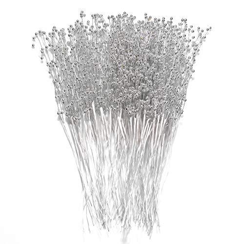 60 Pieces Pearl Stick Stems Bouquets, 4mm Bead String Garland Beaded Spray Filler Floral Arrangements Tree Picks Wedding Party Decoration, Christmas Decorations, Christmas Tree Picks (Silver)