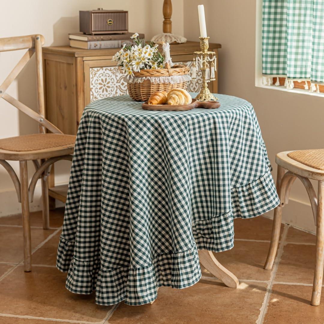 Green Plaid Ruffled Table Cover Linen 60Inch Round Gingham Tablecloth Classic Farmhouse Vintage Checkered Table Cover Decorative Buffalo Plaid for Home Holiday Party 60" (Round)