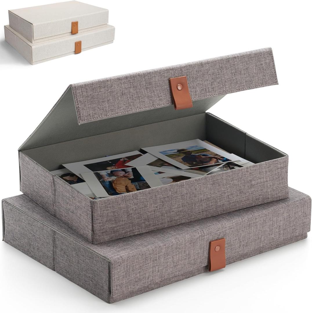 Decorative Photo Storage Boxes with Lids - Set of 2 Beautiful Linen Organizers Are Perfect to Safely Store Your Pictures, Documents, Scrapbooking Supplies, Keepsakes and Other Memories in Style (Gray)