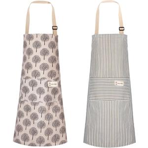 Syhood 2 Pack Aprons with 2 Pocket for Women Men Soft Linen Adjustable Bib Kitchen Cooking Apron for Chefs, Waiters, Baking(Brown Stripes Style)