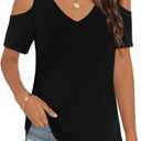 Elesomo Womens Cold Shoulder Tops Dressy Casual Short Sleeve Vneck T Shirt, Black M
