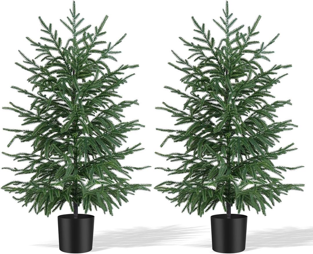2 Pack 3FT Artificial Norfolk Pine Tree with Pot - UV Protection Faux Tree Fake Plants with PE Branch for Indoor Outdoor Home Front Porch Christmas Decor