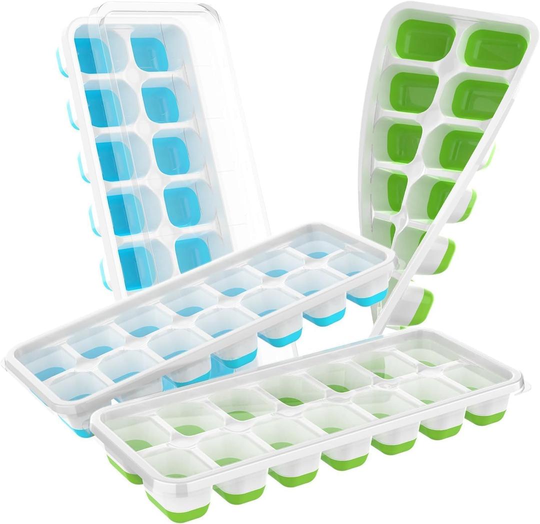 ChefAide Ice Cube Tray with Lid, 4 Packs 56 Cubes Durable Stackable Ice Cube Trays for Freezer with Removable Lids, Easy-Release Plastic & Silicone Ice Tray for Cocktail, Coffee (Green,Blue)