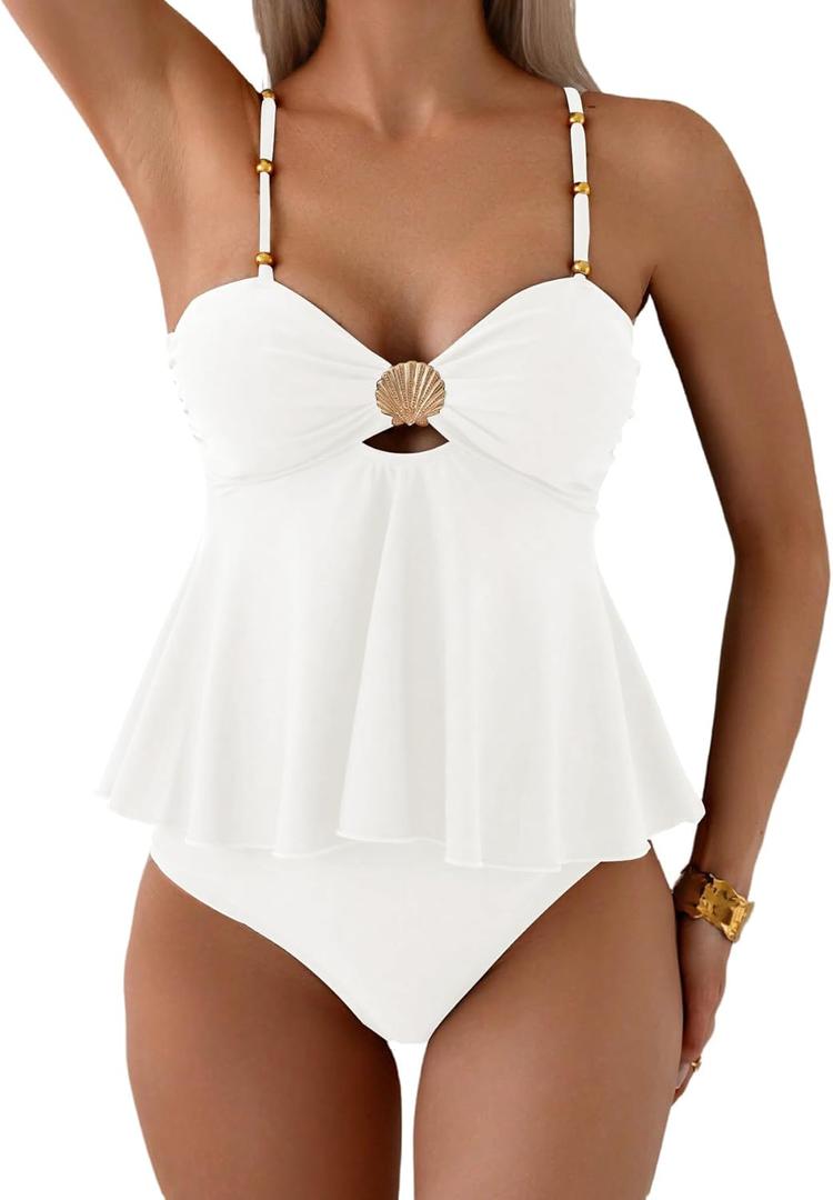 SweatyRocks Women's Y2K Cute Tankini Swimsuits Ruffle Flowy High Waisted Two Piece Bathing Suit (White, Small)