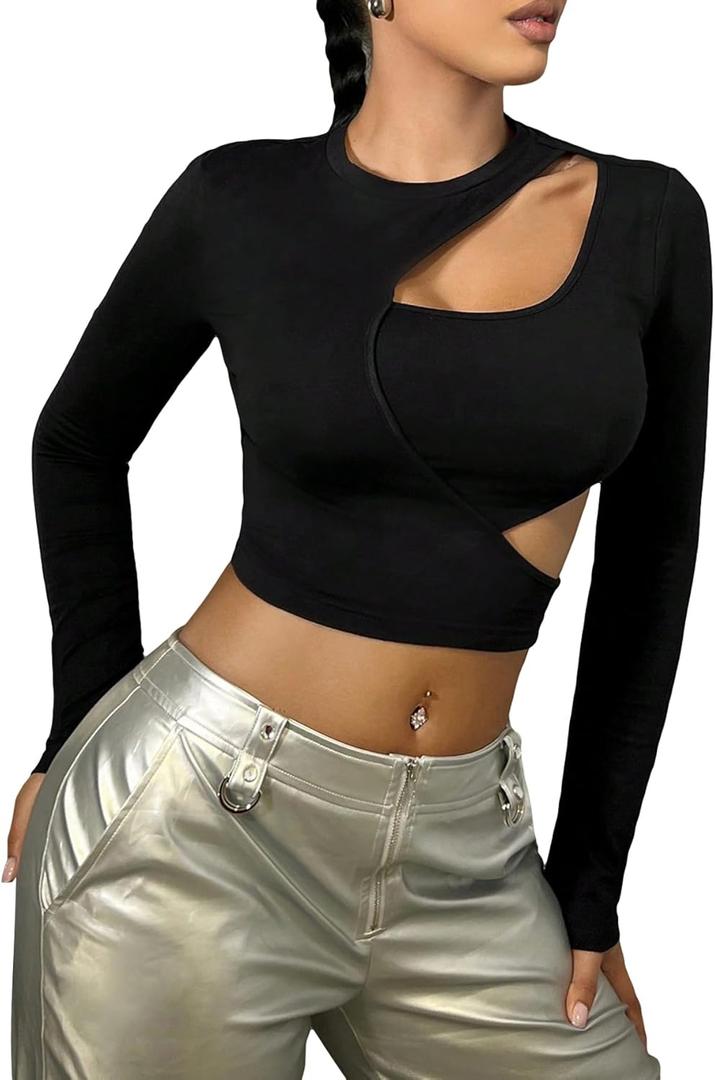Floerns Women's Solid Cut Out Long Sleeve Y2k Round Neck Crop Tops Tee, Black, Small, Black 
