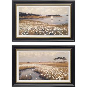 Gatheroad Large Black Gold Framed Wall Art Set of 2, Retro Countryside Wildflower Field Landscape Canvas Prints, Modern Home Artwork Pictures for Living Room Bedroom Above Bed Wall Decor, 24x16 Inch