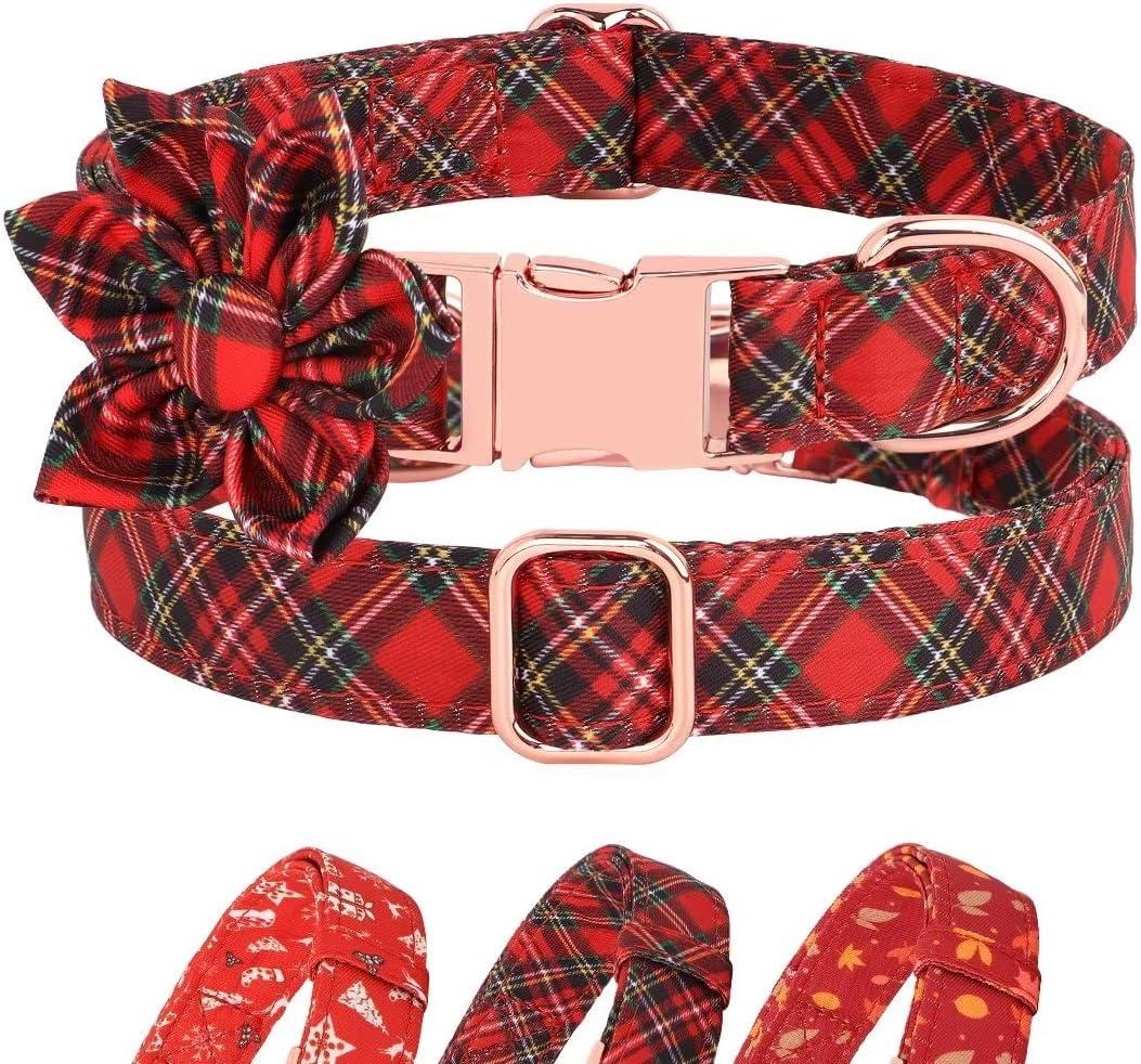 Beirui Cute Christmas Dog Collar with Removable Flower,Soft & Comfy Fall Dog Collar with Durable Metal Buckle,Holiday Girl Dog Collars for Small Medium Large Dogs(Plaid,L)
