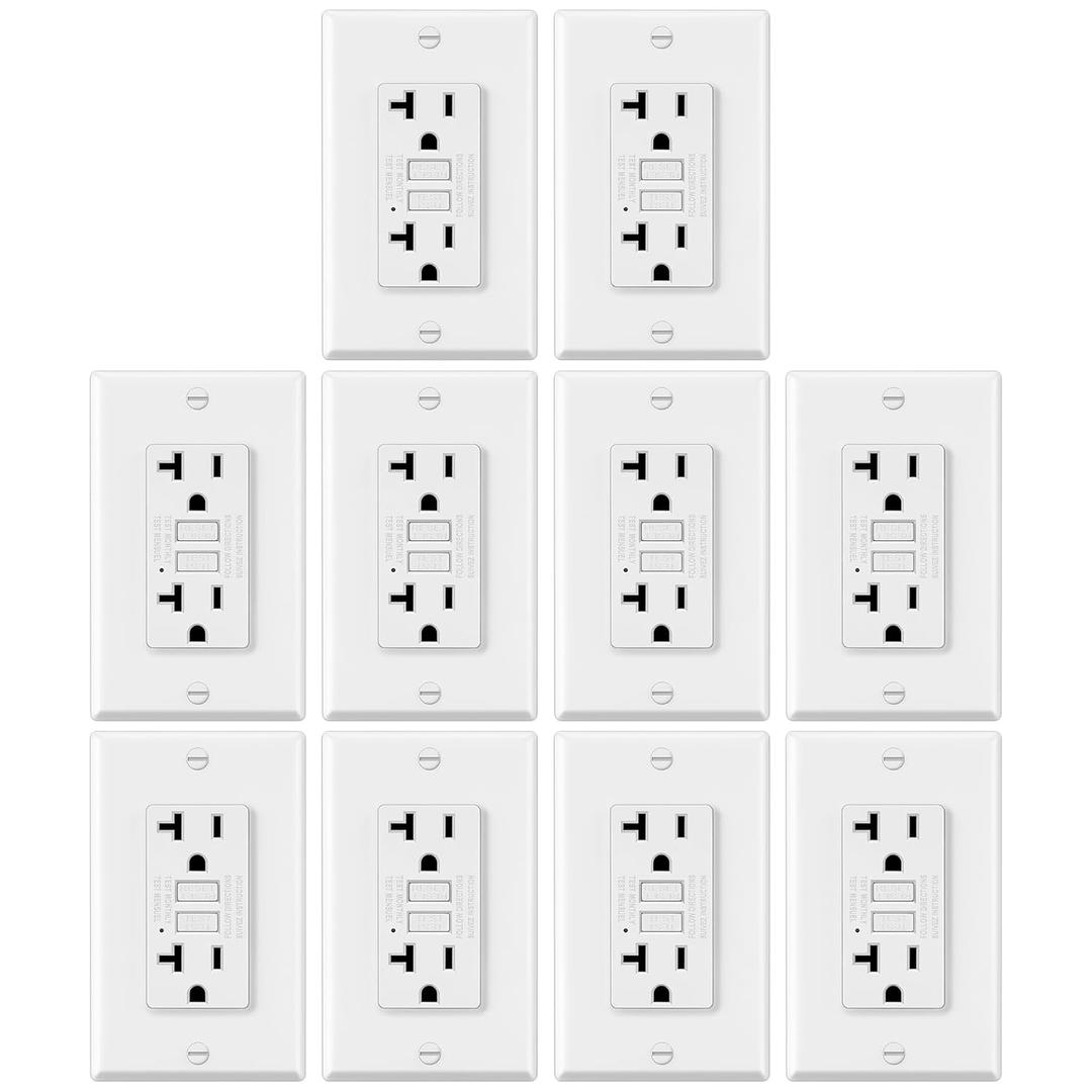 10 Pack GFCI Outlets 20 Amp, Non-Tamper Resistant, Decor GFI Receptacles with LED Indicator, Ground Fault Circuit Interrupter, Wallplate Included, ETL Listed, White