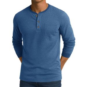 CRYSULLY Mens Long Sleeve Shirt Cotton 3 Button Pocket T-Shirts Casual Stylish Lightweight Pullover Shirt (X-Large, Medium Blue)