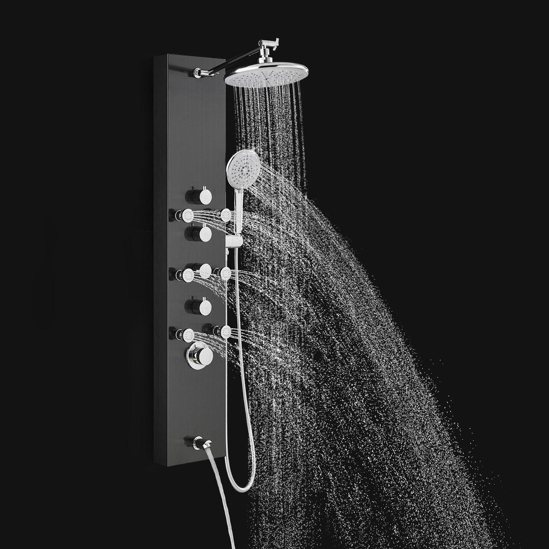 ROVOGO Shower Panel Tower System - Use 4 Functions Simultaneously: Rain Shower, Handheld, Body Jets and Tub Spout, 304 Stainless Steel Shower Column, Black
