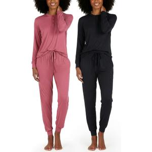 Real Essentials 2 Pack: Women's Soft Long Sleeve Sleep Set - Comfortable Lounge Pull Over Hoodie and Henley Jogger