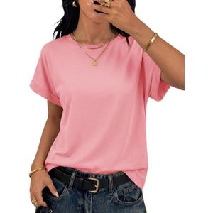 Tankaneo Womens Oversized T-Shirts Summer Casual Short Sleeve Basic Tees | Summer, Short Sleeve, Casual Loose Fit, Boxy Basic Tees (Pink, S)