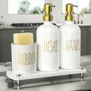 Cisily Kitchen Soap Dispenser Set Comes with Ceramics Sponge Holder, Gold Pumps, and Instant Dry Tray, Hand and Dish Soap Dispenser Set (4, Gold + White + Brush Holder)