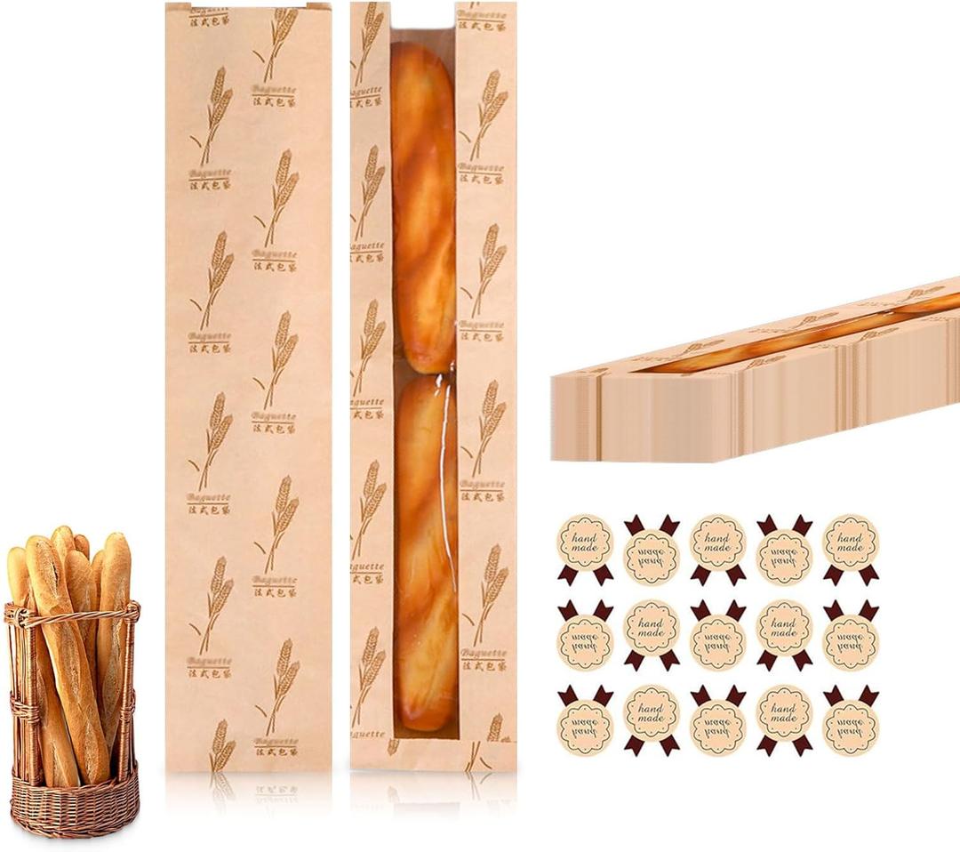 100 Pieces Paper Bread Bag with Window Bread Bags for Homemade Brown Kraft Loaf Storage Sacks Long French Biscuits Packaging (23.6 * 4.3 * 1.6 Inch)