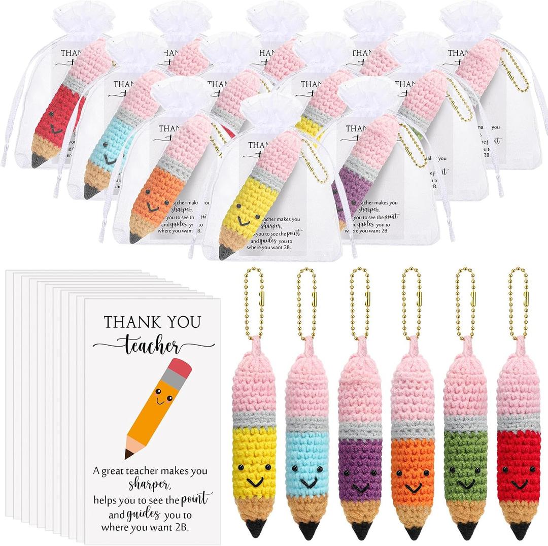 Poen 12 Sets Employee Appreciation Gifts Crochet Knitted Pencils Thank You Greeting Card Set 6 Colors Pencil Sign with Drawstring Organza Bags for Coworker Office End of Year Teacher Gifts Option