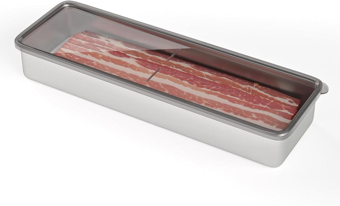 Freshmage Bacon Container for Refrigerator, 1 Pack 304 Stainless Steel Airtight Deli Meat Storage Container for Fridge Dishwasher Safe Long Kitchen Food Storage Containers with Lids with Elevated Base