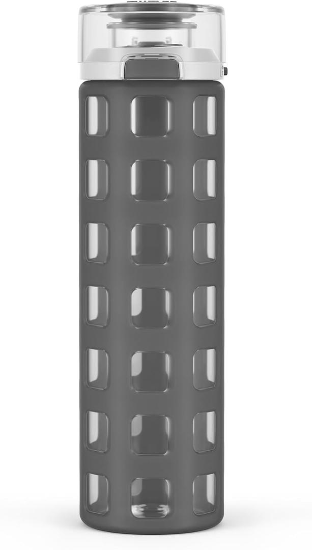 Ello Syndicate 20oz Reusable Glass Water Bottle with One-Touch Leak Proof Flip Lid and Protective Non-Slip Silicone Sleeve and Carry Loop for Coffee, Tea and Water, BPA-free Dishwasher Safe (Grey)