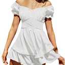 LYANER Women's Tie Back Off Shoulder Wrap Layer Ruffle Short Sleeve Mini Dress White X-Large