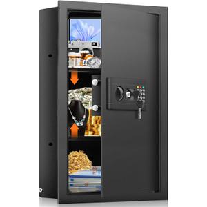 25.6" Tall Fireproof Wall Safes Between the Studs 16" Centers, Hidden Wall Safe with 2 Removable Shelf & Hidden Tray, Heavy Duty Wall Mount Safe for Money, Jewelry, Passport, Valuables (Black)
